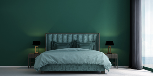 a green bedroom with a lot of natural light