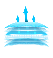 custom-mattress-cooling-fabric a depiction of the cooling fabric with blue arrows showing how cool air is released from the fabric